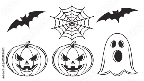Black and White Halloween Silhouettes Pumpkins Bats Ghost Spiderweb