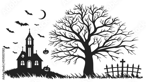Black Halloween Silhouettes Haunted House Bats Tree Pumpkins 1
