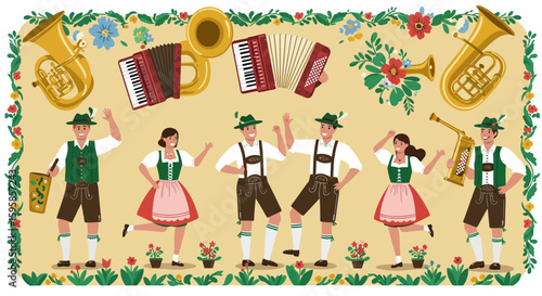 A dynamic flat design illustration capturing the energy of traditional Bavarian folk dancers in authentic costumes, accompanied by classic musical instruments, ideal for cultural events.