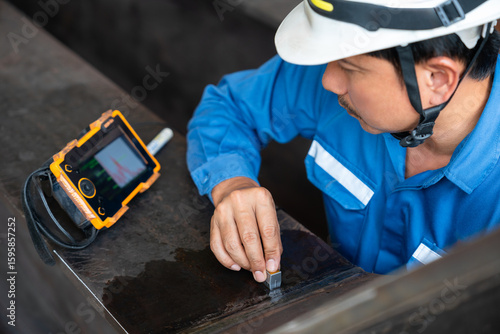 UT, Ultrasonic testing to detect imperfection or defect in welding of steel plate structure in factory. NDT Inspection.