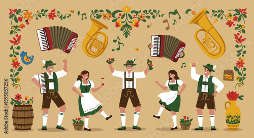 A dynamic flat design illustration capturing the energy of traditional Bavarian folk dancers in authentic costumes, accompanied by classic musical instruments, ideal for cultural events.