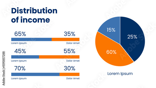 Comprehensive Income Distribution Infographic Featuring Pie Chart and Horizontal Bar Graphs Representing Financial Data Analysis for presentations diagram, process, chart workflow, banner layout info