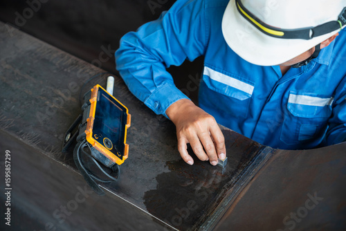 UT, Ultrasonic testing to detect imperfection or defect in welding of steel plate structure in factory. NDT Inspection.