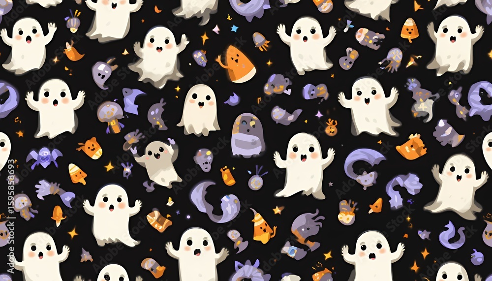Obraz premium Cute Halloween Pattern with Friendly Cartoon Ghosts and Candy on Black Background