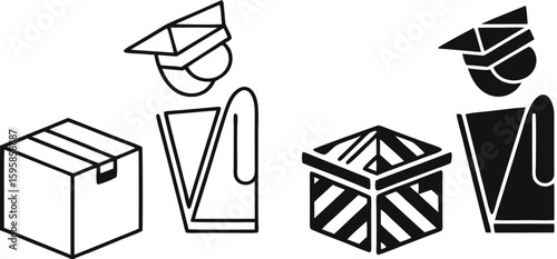 Customs Clearance Icons. Black and White Vector Illustrations. Customs Officer Checking Cargo. Delivery Service. Logistics Concept