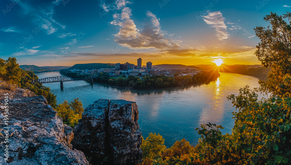 Fototapeta premium Scenic views of the picturesque banks and historic bridges located on the river, showcasing the natural landscape and riverside architecture.