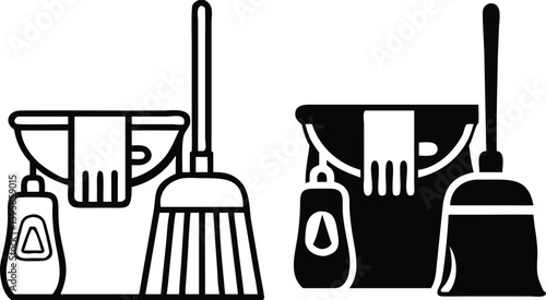 Cleaning Icons. Black and White Vector Illustrations. Bucket, Broom, Rubber Glove, and Detergent. Cleanliness in the House. Hygiene Concept