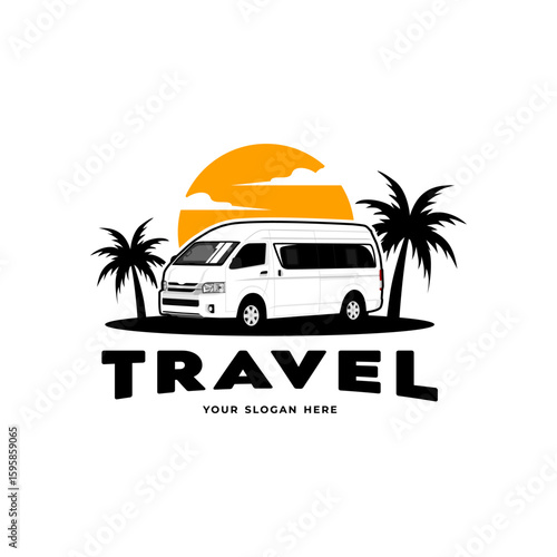 travel van minivan logo with palm sunset vector illustration