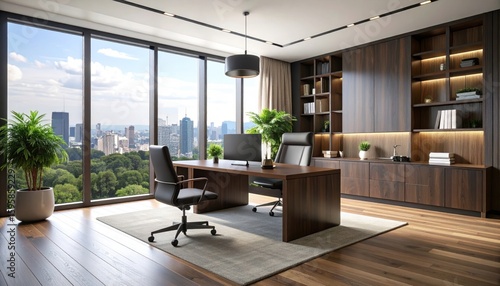 Sophisticated executive office interior with cityscape view and wooden accents