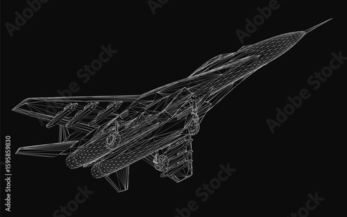 A 3D wireframe model of a combat fighter jet floats against a black background. The detailed mesh structure highlights the aircraft's sleek aerodynamic design.