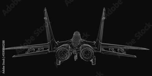 A sleek 3D wireframe model of a combat fighter jet features intricate details like wings, tail, and cockpit on a black background. The realistic aerodynamic design stands out with bright colors.