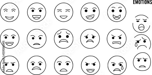 facial expressions, set of faces, different emotions, simple line drawing, minimalism, black and white, emotions chart