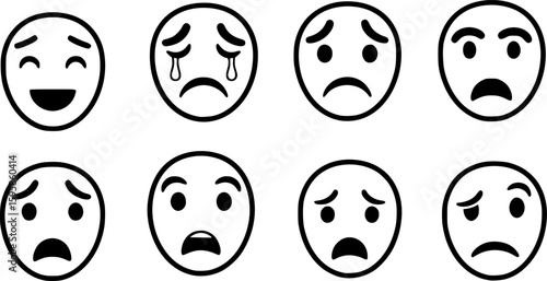 facial expressions, set of faces, different emotions, simple line drawing, minimalism, black and white, emotions chart