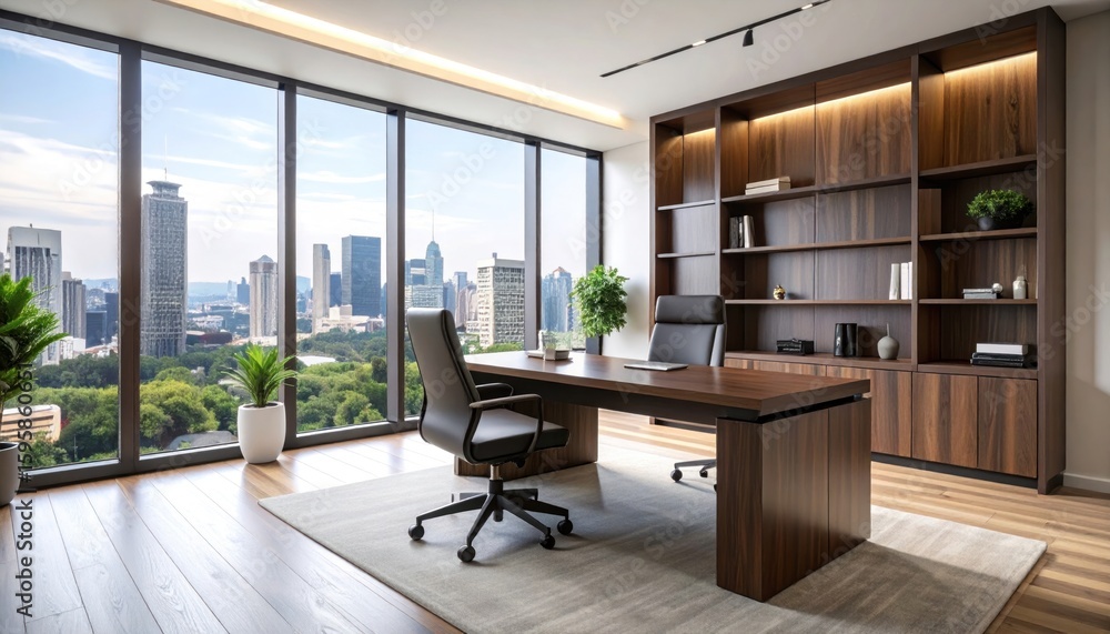 Fototapeta premium Sophisticated executive office with city view and sleek wooden shelving unit