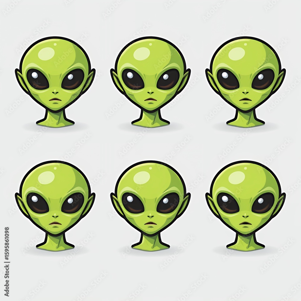 Obraz premium Green Alien Head Cartoon Character Set with Big Eyes on a Gray Background