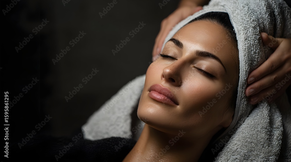 Fototapeta premium Massage therapist wrapping warm towel around client s face in a spa setting with lighting