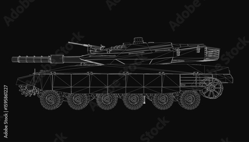Detailed blueprint of an Battle Tank displayed in wireframe style on a black background. The technical drawing highlights the tank's armored hull, turret.