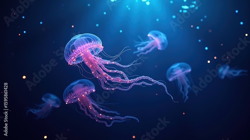Luminous Jellyfish Underwater Scene: Bioluminescent Marine Life in Deep Ocean