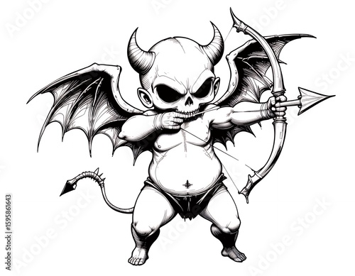 Gothic Devil Cherub Character with Skull Face and Wings Aiming a Bow