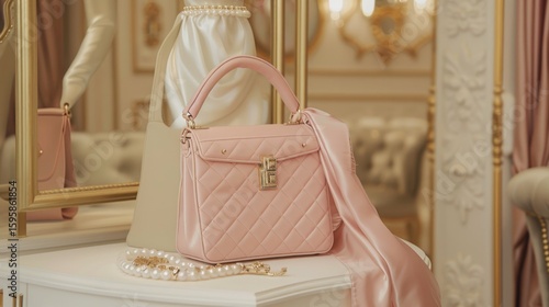 A pink quilted handbag, pearl necklace, and flowing scarf evoke elegance. Warm tones and soft lighting enhance the refined, luxurious feel.