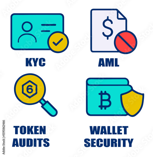 Crypto compliance icon set showing  concepts like KYC, AML, token audits, wallet security, and cold storage. Clean, tech-style icons for blockchain apps and exchanges.