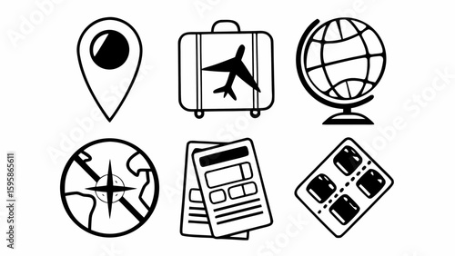 Collection of travel icons including location pin suitcase globe map tickets and pills created with generated ai