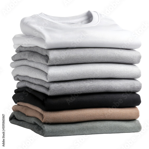 A stack of folded t-shirts in various shades of gray, white, and black