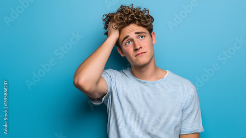 Young man is touching his head with his hand, conveying a sense of hopelessness. Blue background. Confused individual, forgetfulness. Copy space.