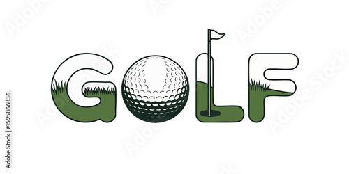 Creative Golf Typography Logo with Grass, Golf Ball, Flag, and Green Course Elements on Transparent Background – Sports Vector Illustration
