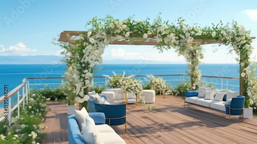 Outdoor wedding ceremony venue with white flowers and blue seating on a wooden deck overlooking the ocean