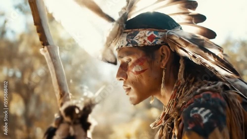 Close-up profile of a person adorned in traditional Native American attire