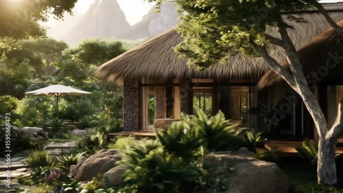 Tropical thatched-roof home nestled in lush greenery