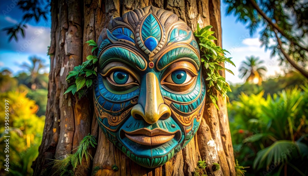 Fototapeta premium carving of a human face mask on an old tree 13