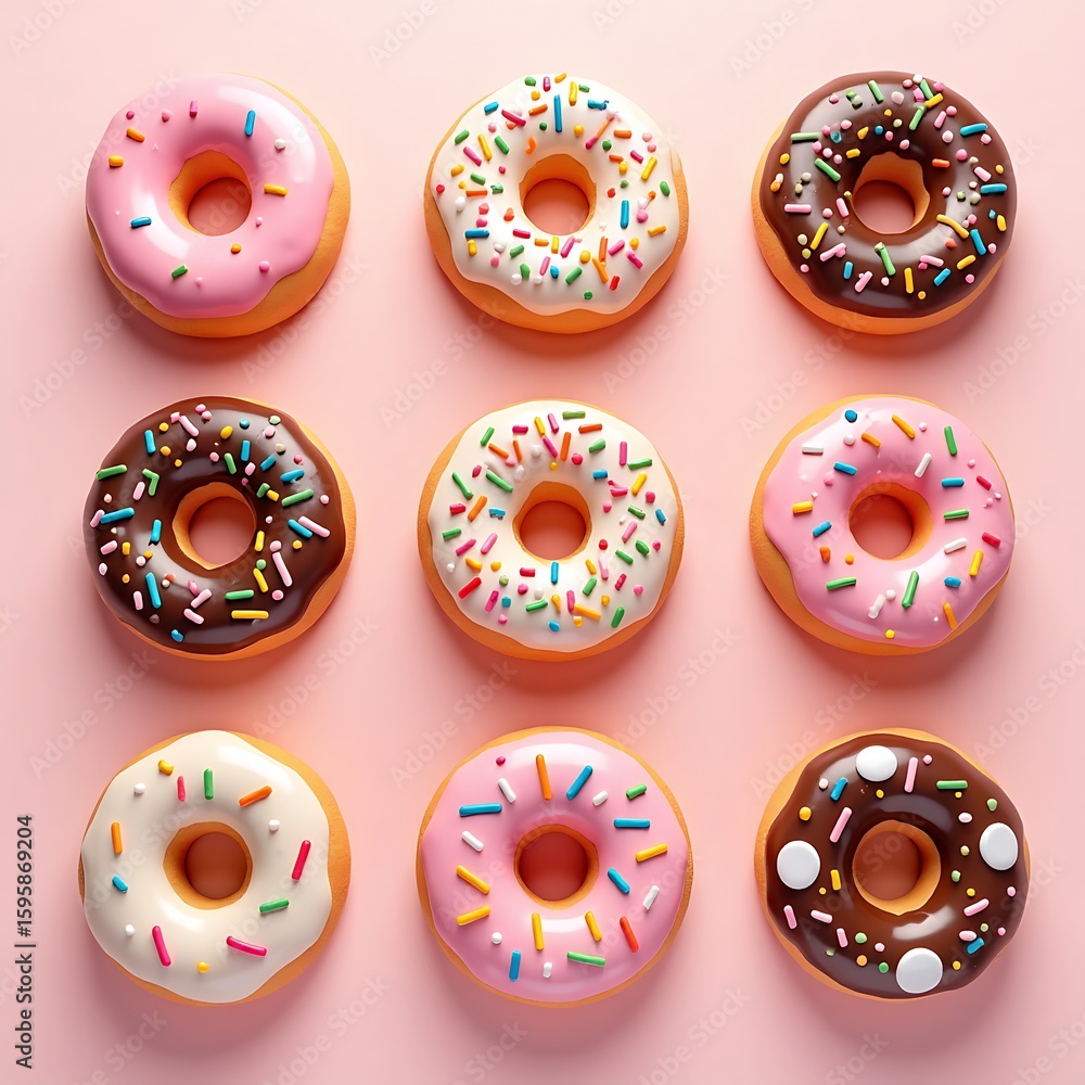 Obraz premium Delicious Assortment Colorful Doughnuts on Pink Background for Sweet Indulgence