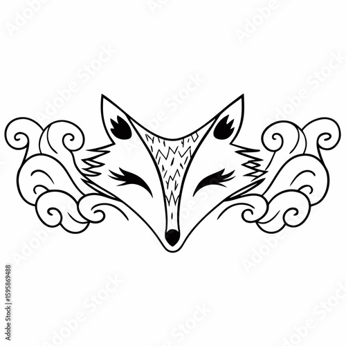 Stylized fox head with closed eyes, framed by swirling cloud-like elements in simple line art