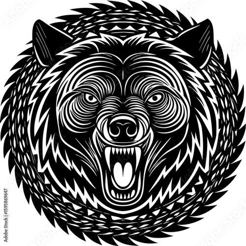 Abstract bear head with geometric patterns and teeth, a fierce animalistic design