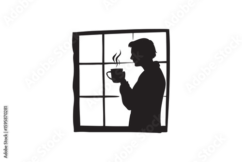 Silhouette of a person drinking coffee by the window a peaceful morning scene perfect for illustrating relaxation home comfort and quiet moments of reflection Art & Illustration