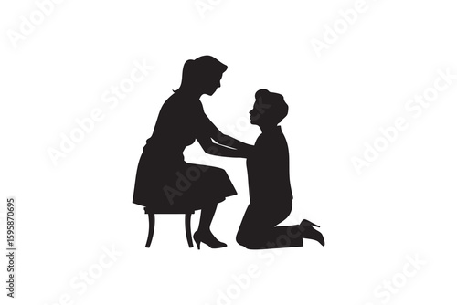 Silhouette of a mother sitting on a chair and adjusting the collar of her child who is kneeling expressing care and affection in a vintage Art & Illustration