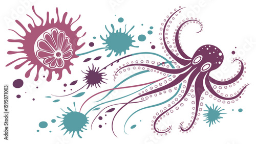 Abstract octopus vector illustration with tentacles and sea life elements design for creative projects