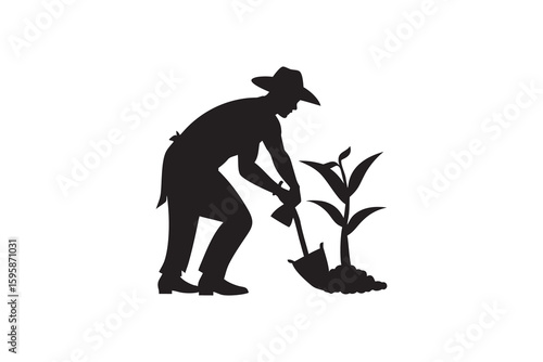 Silhouette of a farmer planting a sapling using a shovel in a field representing agriculture growth and environmental conservation in a simple graphic style illustration