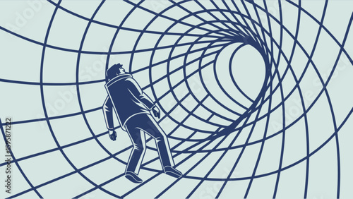 Man falling into wormhole tunnel vector illustration for travel and space exploration concepts and designs