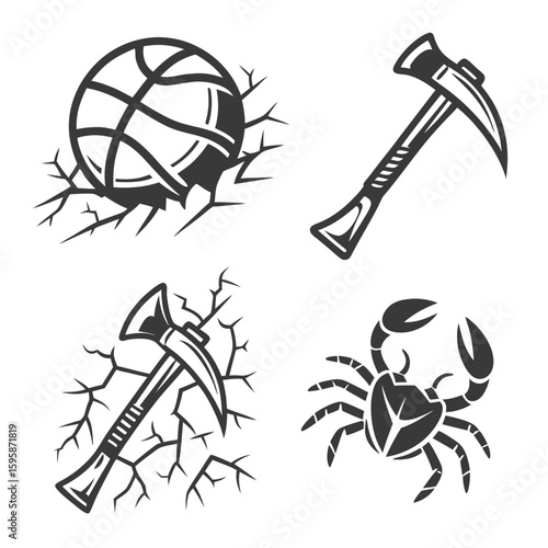 Basketball pickaxe crab icons graphic