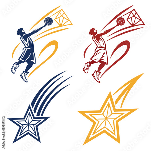 Basketball player dunking with stars and swooshes vector