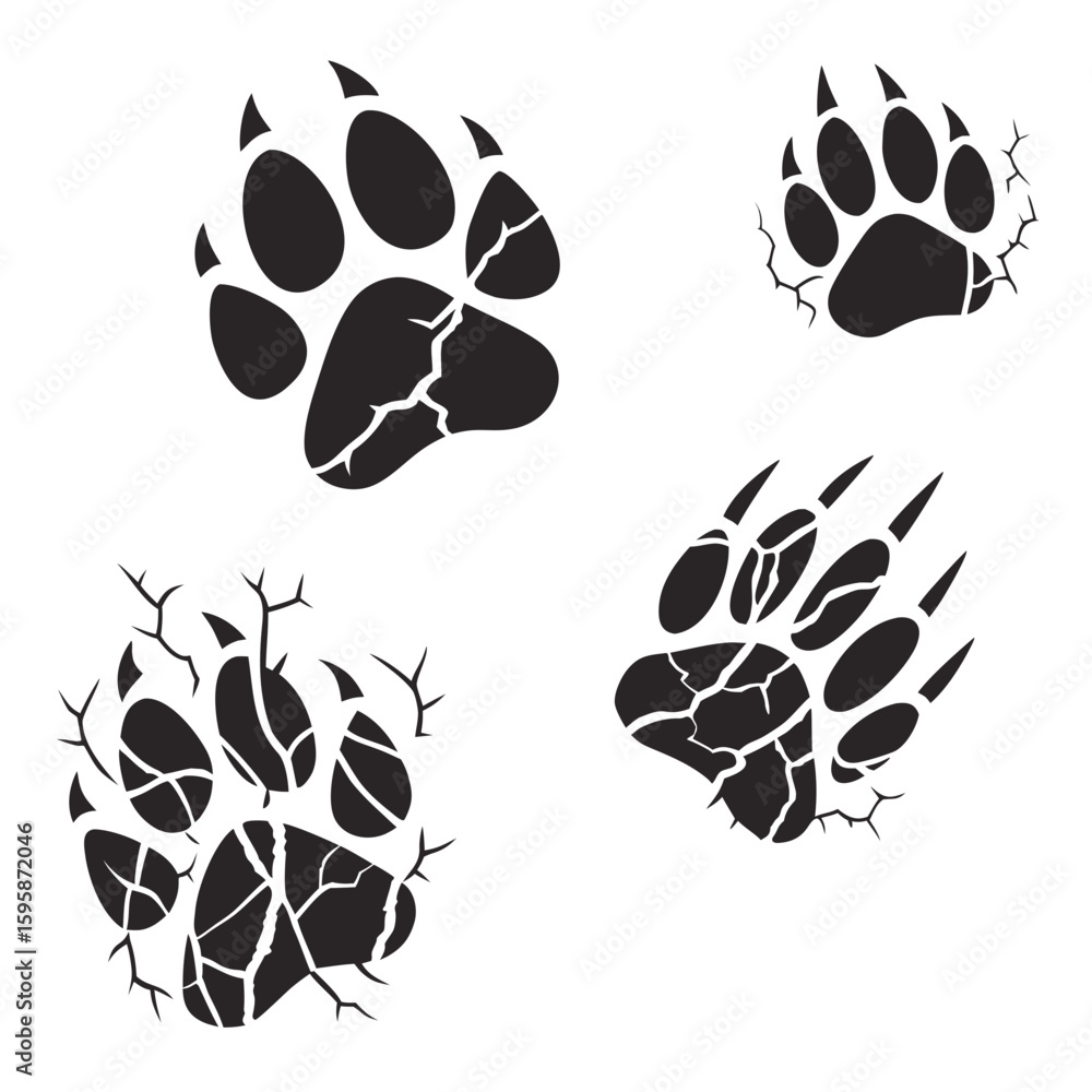 Fototapeta premium Black bear paw prints with cracked effect animal tracks