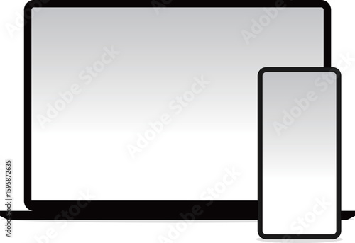 Laptop and smartphone standing side by side on white background