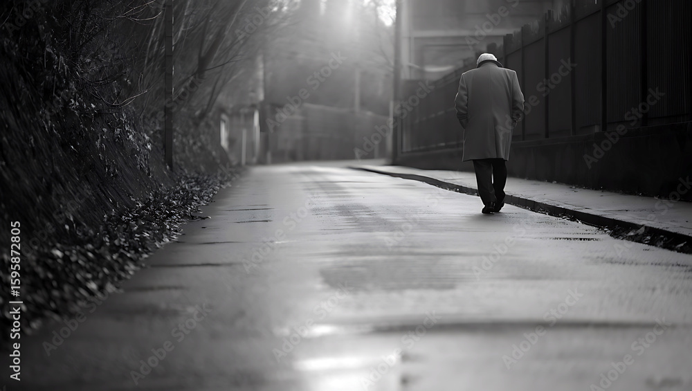 Obraz premium A lone businessman walks through a dark, light-streaked city tunnel, a silhouette of success moving towards an open door