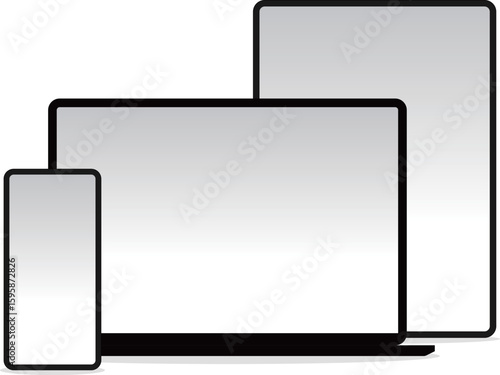 Smartphone, laptop, and tablet standing together on white background