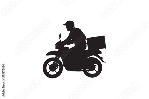 Silhouette of a delivery man on a motorcycle with a box isolated on white background perfect for illustrating fast and efficient delivery services Art & Illustration