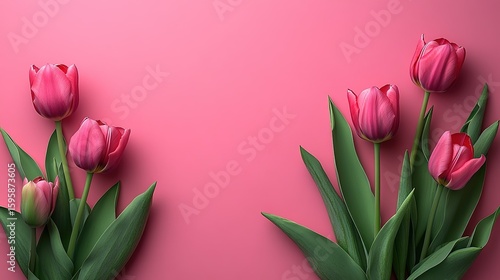 Wallpaper Mural Pink Background with Realistic Red Tulips and Green Leaves for Spring Design, Floral Decor, and Seasonal Projects Torontodigital.ca