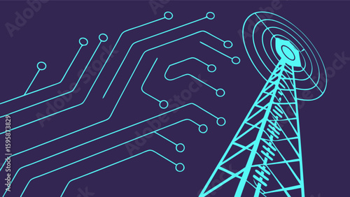 Communication network technology circuit board antenna tower signal transmission design vector illustration
